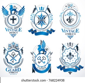 Set of luxury heraldic vector templates. Collection of vector symbolic blazons made using graphic elements, royal crowns, medieval castles, armory and religious crosses.