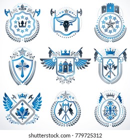 Set of luxury heraldic vector templates. Collection of vector symbolic blazons made using graphic elements, royal crowns, medieval castles, armory and religious crosses.