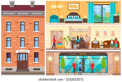 Set of luxury hotel daily life scenes. Deluxe entrance, reception, comfortable bedroom, living room. Rooms for rest and registration. Staff and visitors of expensive hotel vector illustration