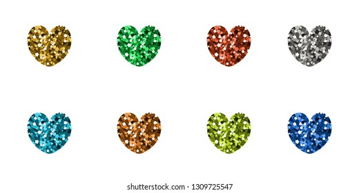 Set of luxury icons in the shape of hearts. Vector illustration. Multicolored spangle.