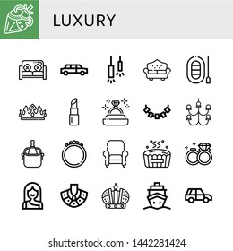 Set of luxury icons such as Artificial heart, Sofa, Limousine, Ceiling lamp, Boat, Crown, Lipstick, Diamond ring, Necklace, Chandelier, Ice bucket, Bracelet, Armchair , luxury