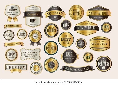 Set of luxury labels and stickers for sale. Vector illustrations for graphic and web design, marketing material, product promotion, social media and online shopping.