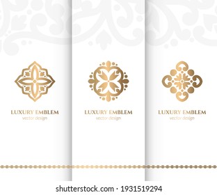 Set von luxuriösen Logos. Kann für Schmuck-, Beauty- und Modebranche verwendet werden. Ideal für Emblem, Monogramm, Einladung, Flyer, Menü, Broschüre, Hintergrund oder jede gewünschte Idee.