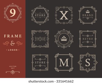 Set Luxury Logos and Monogram template flourishes calligraphic elegant ornament lines. Business sign, identity for Restaurant, Royalty, Boutique, Hotel, Heraldic, Jewelry, Fashion