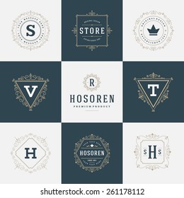 Set Luxury Logos template flourishes calligraphic elegant ornament lines. Business sign, identity for Restaurant, Royalty, Boutique, Hotel, Heraldic, Jewelry, Fashion and other vector illustration