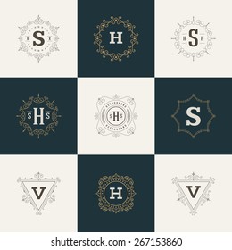 Set Luxury Logos template flourishes calligraphic elegant ornament lines. Business sign, identity for Restaurant, Royalty, Boutique, Hotel, Heraldic, Jewelry, Fashion and other vector illustration