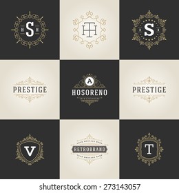 Set Luxury Logos template flourishes calligraphic elegant ornament lines. Business sign, identity for Restaurant, Royalty, Boutique, Hotel, Heraldic, Jewelry, Fashion and other vector illustration