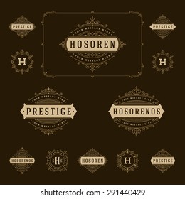 Set Luxury Logos template flourishes calligraphic elegant ornament lines. Business sign, identity for Restaurant, Royalty, Boutique, Hotel, Heraldic, Jewelry, Fashion and other vector illustration