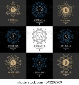 Set Luxury Logos template flourishes calligraphic elegant ornament lines. Business sign, identity for Restaurant, Royalty, Boutique, Hotel, Heraldic, Jewelry, Fashion. Vector illustration. Monogram