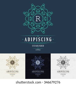 Set Luxury Logos template flourishes calligraphic elegant ornament lines. Business sign, identity for Restaurant, Royalty, Boutique, Hotel, Heraldic, Jewelry, Fashion. Monogram letter R.