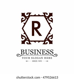 Set Luxury Logos template flourishes calligraphic elegant ornament lines. Business sign, Vintage labels and badges for logos. Alphabet letter R