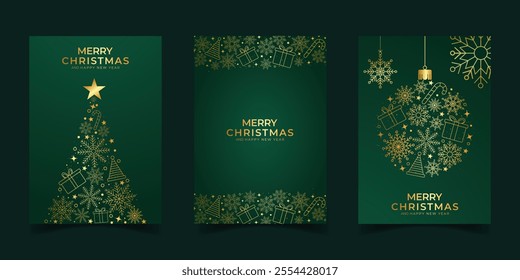 set of luxury Merry christmas for greeting card and cover holiday design collection.golden snowflakes with tree,snowball and gift .on green background