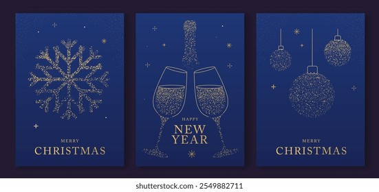 Set of luxury Merry Christmas and Happy New Year greeting cards, covers or posters with gold holiday decoration. Christmas blue background. Vector illustration