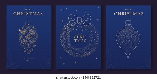 Set of luxury Merry Christmas and Happy New Year greeting cards, covers or posters with gold holiday decoration. Christmas blue background. Vector illustration