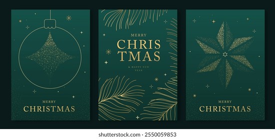 Set of luxury Merry Christmas and Happy New Year greeting cards, covers or posters with gold holiday decoration. Christmas green background. Vector illustration