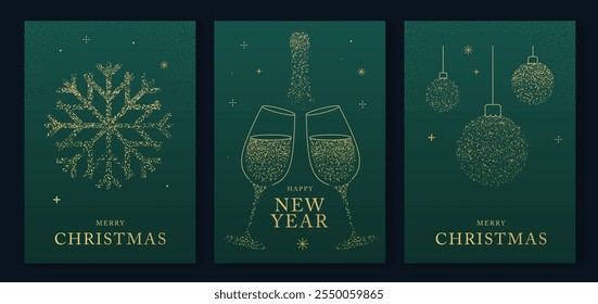 Set of luxury Merry Christmas and Happy New Year greeting cards, covers or posters with gold holiday decoration. Christmas green background. Vector illustration