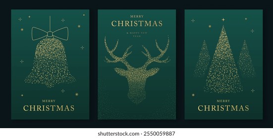 Set of luxury Merry Christmas and Happy New Year greeting cards, covers or posters with gold holiday decoration. Christmas green background. Vector illustration