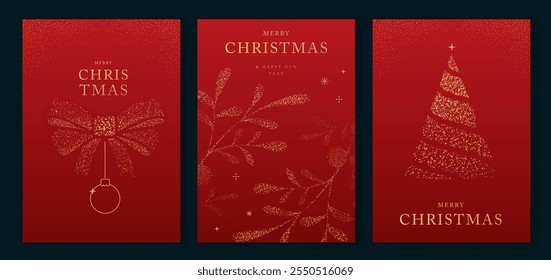 Set of luxury Merry Christmas and Happy New Year greeting cards, covers or posters with gold holiday decoration. Christmas red background. Vector illustration