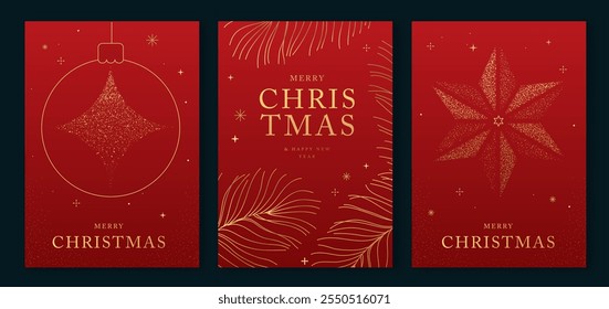 Set of luxury Merry Christmas and Happy New Year greeting cards, covers or posters with gold holiday decoration. Christmas red background. Vector illustration