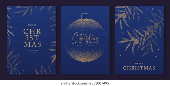 Set of luxury Merry Christmas and Happy New Year greeting cards, covers or posters with gold holiday decoration. Christmas blue background. Vector illustration