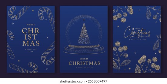 Set of luxury Merry Christmas and Happy New Year greeting cards, covers or posters with gold holiday decoration. Christmas blue background. Vector illustration