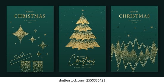 Set of luxury Merry Christmas and Happy New Year greeting cards, covers or posters with gold holiday decoration. Christmas green background. Vector illustration