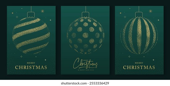 Set of luxury Merry Christmas and Happy New Year greeting cards, covers or posters with gold holiday decoration. Christmas green background. Vector illustration