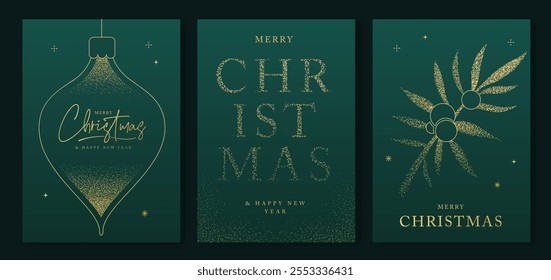 Set of luxury Merry Christmas and Happy New Year greeting cards, covers or posters with gold holiday decoration. Christmas green background. Vector illustration