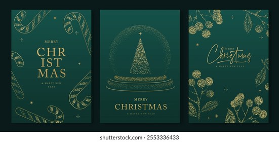 Set of luxury Merry Christmas and Happy New Year greeting cards, covers or posters with gold holiday decoration. Christmas green background. Vector illustration