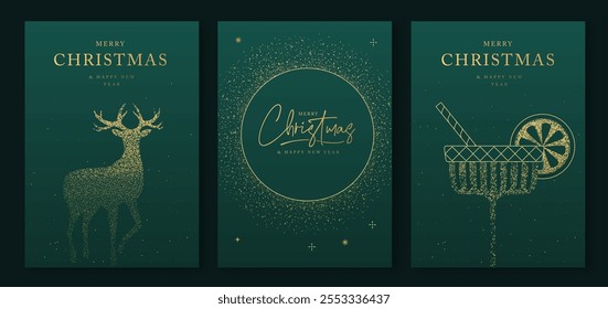 Conjunto de lujosas Navidades y tarjetas de felicitación de Feliz Año Nuevo, cubiertas o carteles con decoración navideña de oro. Navidades de fondo verde. Ilustración vectorial