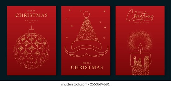 Set of luxury Merry Christmas and Happy New Year greeting cards, covers or posters with gold holiday decoration. Christmas red background. Vector illustration