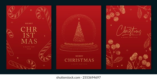 Set of luxury Merry Christmas and Happy New Year greeting cards, covers or posters with gold holiday decoration. Christmas red background. Vector illustration