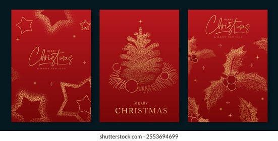 Set of luxury Merry Christmas and Happy New Year greeting cards, covers or posters with gold holiday decoration. Christmas red background. Vector illustration