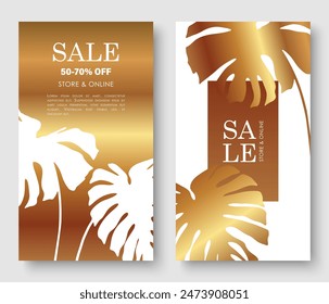 Set of luxury metal sale banner with monstera leaves background. Vertical template layout. For online shopping, cosmetic. Mobile App, Vector illustration.
