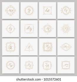 Set luxury monogram logo template with flourishes ornament elements. Elegant design for business sign, restaurant, wedding shop, jewelry, fashion. Vector illustration.