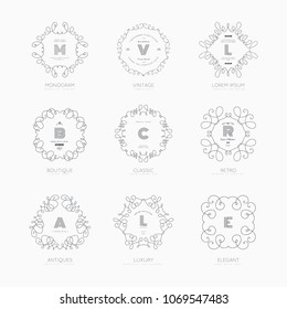 Set of luxury monogram logo templates.  Elegant design for business sign, restaurant, wedding shop, jewelry, fashion, product design, brand sign. Vector illustration.