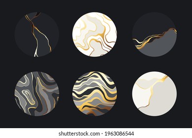 Set of luxury natural textures. Black, white and gold abstract marble stone design, kintsugi style. Minimal circle modern badge. Crack ground, landscape. Grey patterns, logo, branding template.

