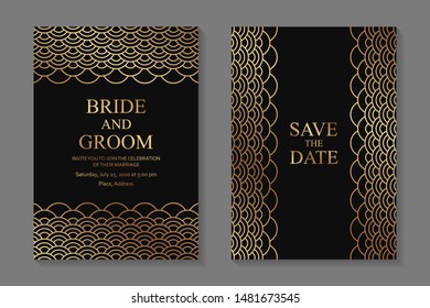 Set of luxury oriental wedding invitation design or greeting card templates with golden circles or scales on a black background.
