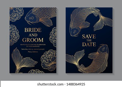 Set of luxury oriental wedding invitation design or greeting card templates with golden carps and peonies on a blue background.