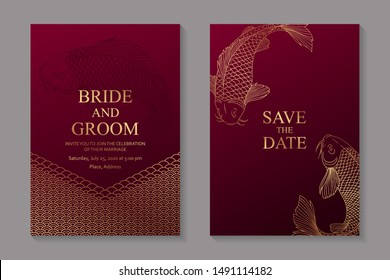 
Set of luxury oriental wedding invitation design or greeting card templates with golden circles or scales and carps koi on a red background.