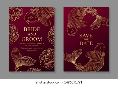 Set of luxury oriental wedding invitation design or greeting card templates with golden koi carps and peonies on a red background.