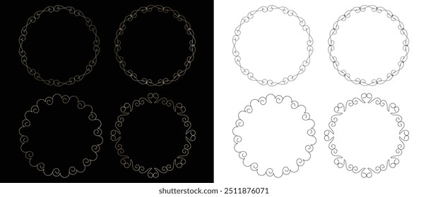 set of luxury ornament embellishment black and golden circle border art vector illustration.