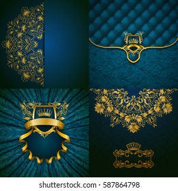 Set of luxury ornate background in vintage style. Elegant frame with floral element filigree ornament, gold crown, shield, ribbon, place for text on turquoise drapery fabric. Vector illustration EPS10