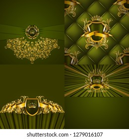Set of luxury ornate backgrounds in vintage style. Elegant gold frame with floral elements, blazon, filigree ornament, gold crown, shield, ribbon, place for text, green texture. Vector illustration
