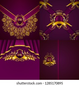 Set of luxury ornate backgrounds in vintage style. Elegant gold frame with floral elements, blazon, filigree ornament, gold crown, shield, ribbon, place for text, purple texture. Vector illustration