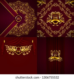 Set of luxury ornate backgrounds in vintage style. Elegant gold frame with floral elements, blazon, filigree ornament, gold crown, shield, ribbon, place for text, maroon texture. Vector illustration
