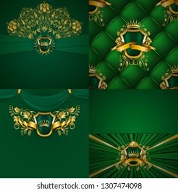 Set of luxury ornate backgrounds in vintage style. Elegant gold frame with floral elements, blazon, filigree ornament, gold crown, shield, ribbon, place for text, green texture. Vector illustration