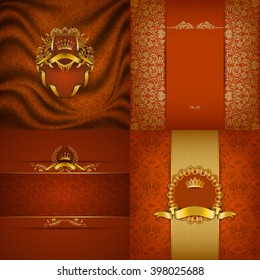 Set of luxury ornate backgrounds in vintage style. Elegant frame with floral elements, filigree ornament, gold crown, shield, ribbon, place for text on orange drapery fabric. Vector illustration EPS10