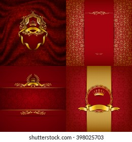 Set of luxury ornate backgrounds in vintage style. Elegant frame with floral elements, filigree ornament, gold crown, shield, ribbons, place for text on red drapery fabric. Vector illustration EPS10