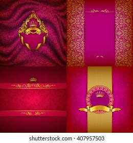 Set of luxury ornate backgrounds in vintage style. Elegant frame with floral elements, filigree ornament, gold crown, shield, ribbons, place for text on red drapery fabric. Vector illustration EPS10